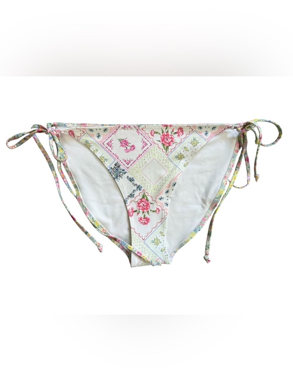 LoveShackFancy Patchwork Floral Tie-Side Bikini Bottoms in White, Pink, Green